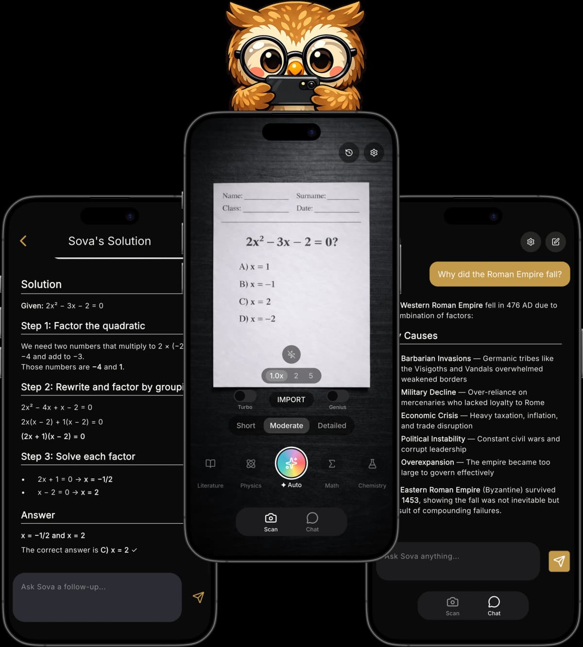 Sova app showing a step-by-step solution to a calculus problem on an iPhone